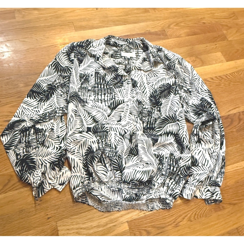 Vintage Da-Rue of California Black White Palm Print Smocked Blouse Size 14